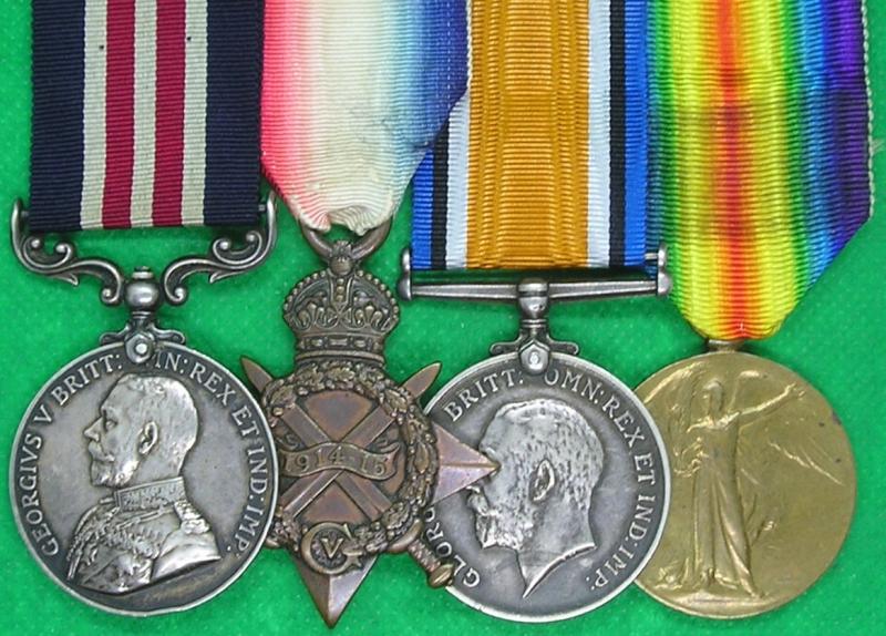 WW1 GVR 1st TYPE MILITARY MEDAL (MM) & 1914-15 TRIO, 1st GORDON HIGHLANDERS