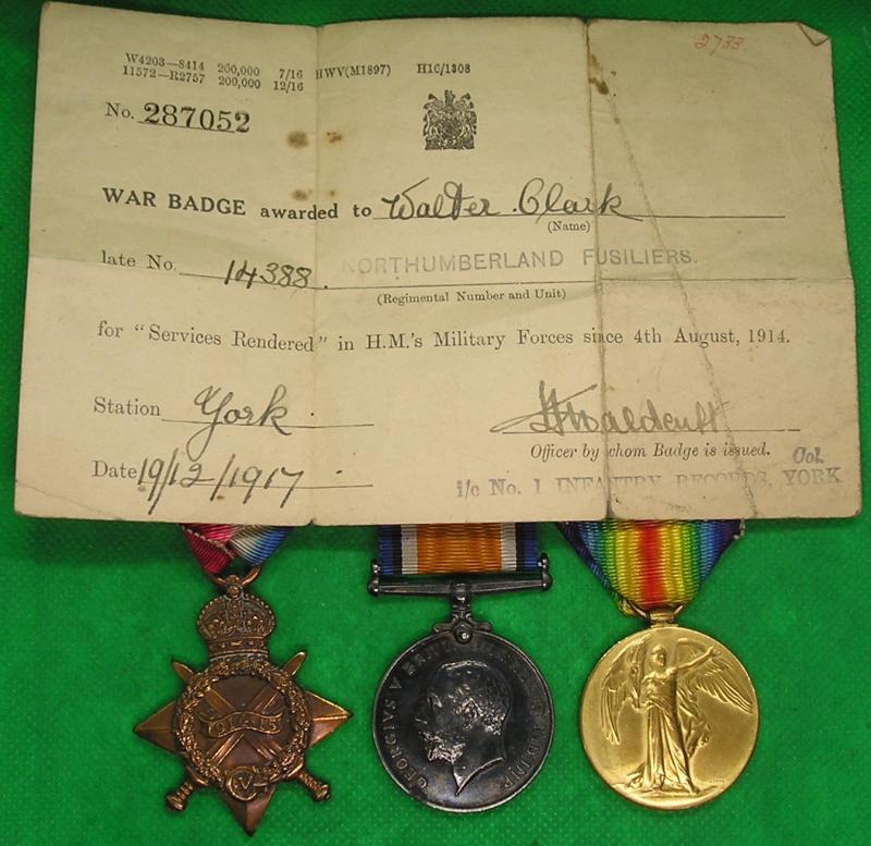 WW1 1914-15 TRIO & ORIGINAL SILVER WAR BADGE CERTIFICATE, 10th NORTHUMBERLAND FUSILIERS, WOUNDED BY GUN SHOT