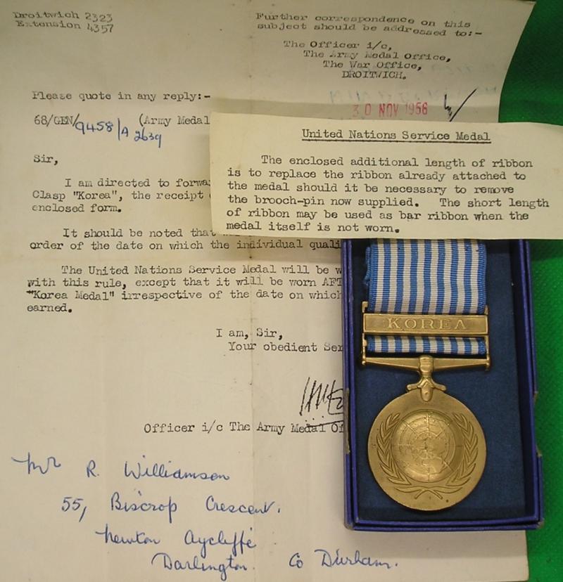 MINT BOXED UN KOREA MEDAL WITH ORIGINAL PAPERWORK TO A RECIPIENT FROM NEWTON AYCLIFFE