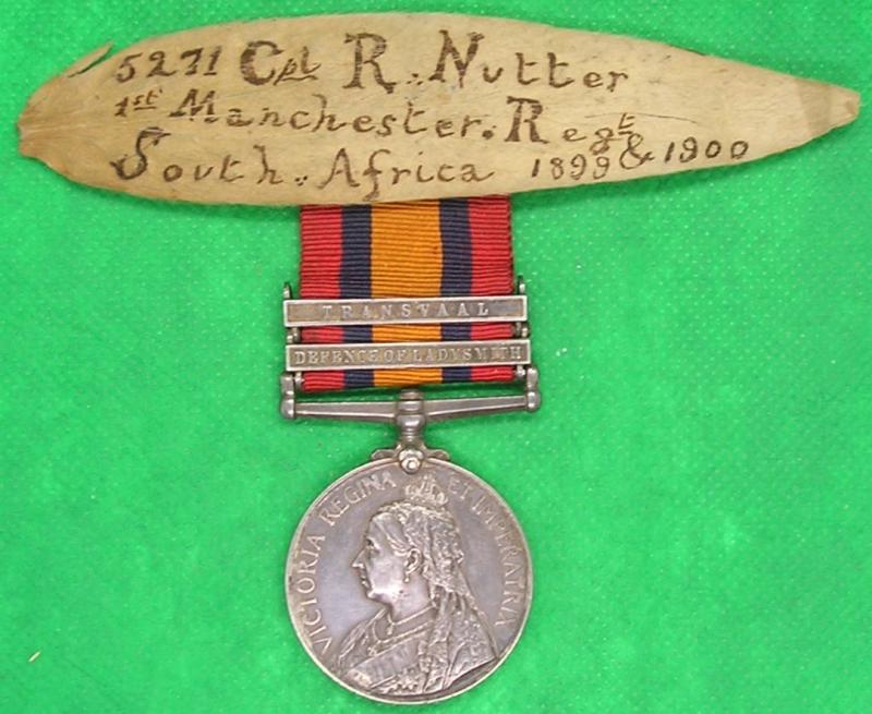 QSA DEFENCE OF LADYSMITH, 1st MANCHESTER REGIMENT, WITH THE RECIPIENTS PERSONALISED SILVER LEAF FROM SOUTH AFRICA