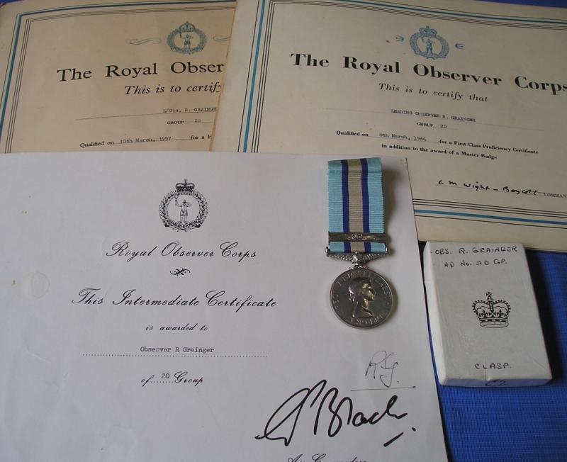 ROYAL OBSERVER CORPS LONG SERVICE MEDAL WITH 2nd AWARD BAR & 16 PROFICIENCY CERTIFICATES, NO-20 GROUP, YORK