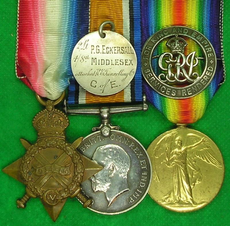 WW1 1914-15 TRIO WITH ORIGINAL SILVER WAR BADGE & SILVER ID DISC, OFFICER MIDDLESEX REGT & TUNNELLING COY ROYAL ENGINEERS