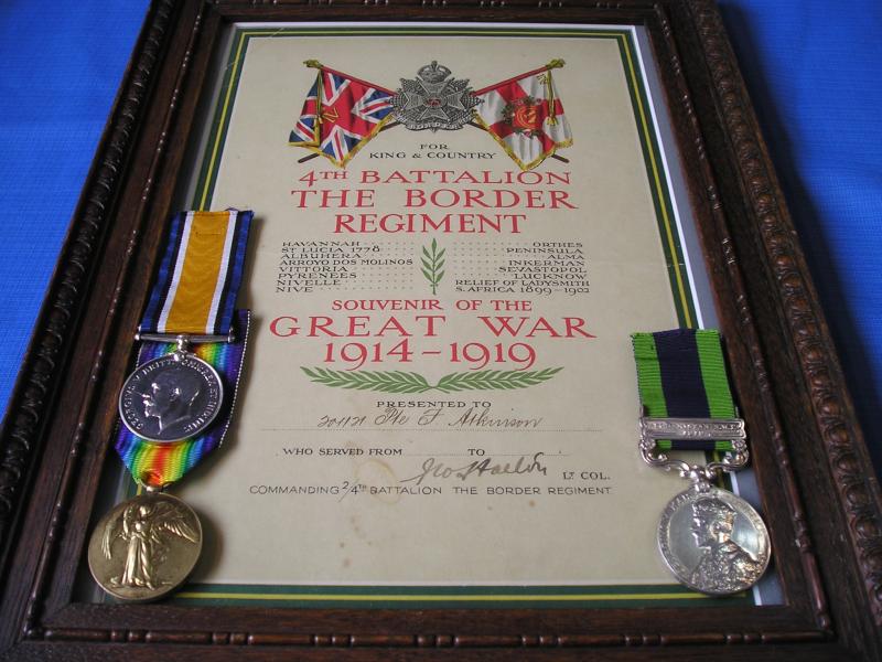 WW1 PAIR & IGS AFGHANISTAN NWF 1919, 1/4th BORDER REGT, WITH FRAMED WELCOME HOME / TRIBUTE SCROLL