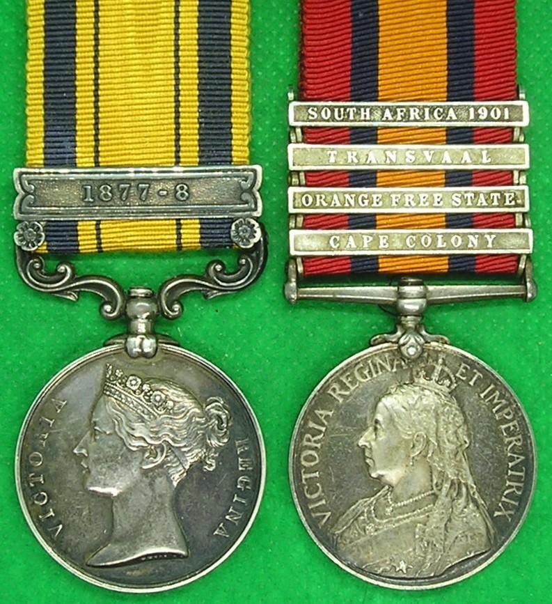 SOUTH AFRICA GSM / ZULU MEDAL WITH 1877-8 CLASP & FOUR BAR QSA, CAPE MOUNTED RIFLES & RAILWAY PIONEER REGT