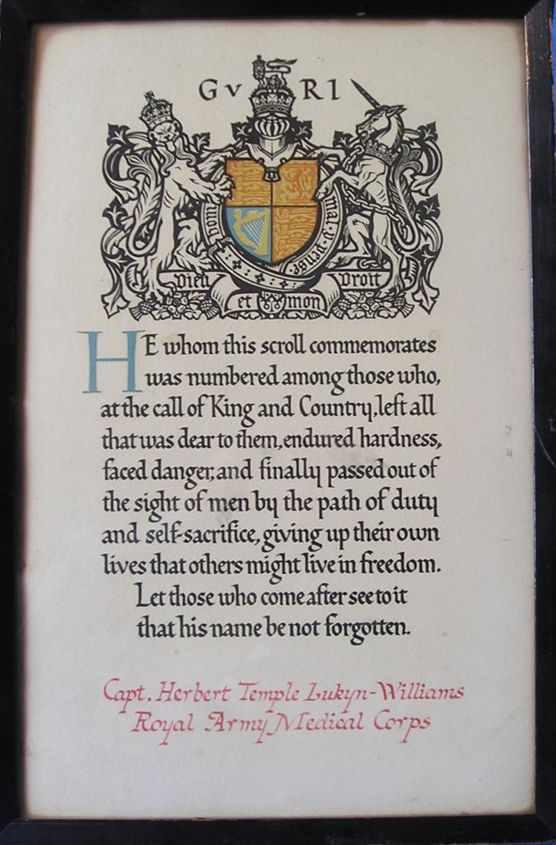 WW1 MEMORIAL SCROLL IN A PERIOD FRAME, R.A.M.C OFFICER, D.O.W F&F 25-3-1918 SERVING WITH THE 15th NOTTS & DERBY REGT