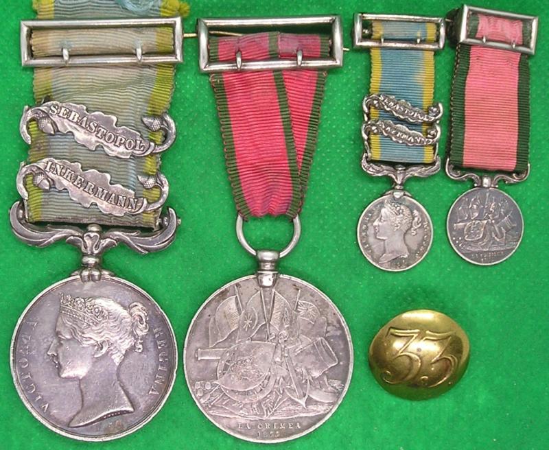 2 BAR CRIMEA PAIR, OFFICER 33rd REGT, WITH PERIOD MINIATURES, THE LAST SURVIVING OFFICER OF THE REGIMENT WHO WAS PRESENT AT THE DUKE OF WELLINGTON'S FUNERAL