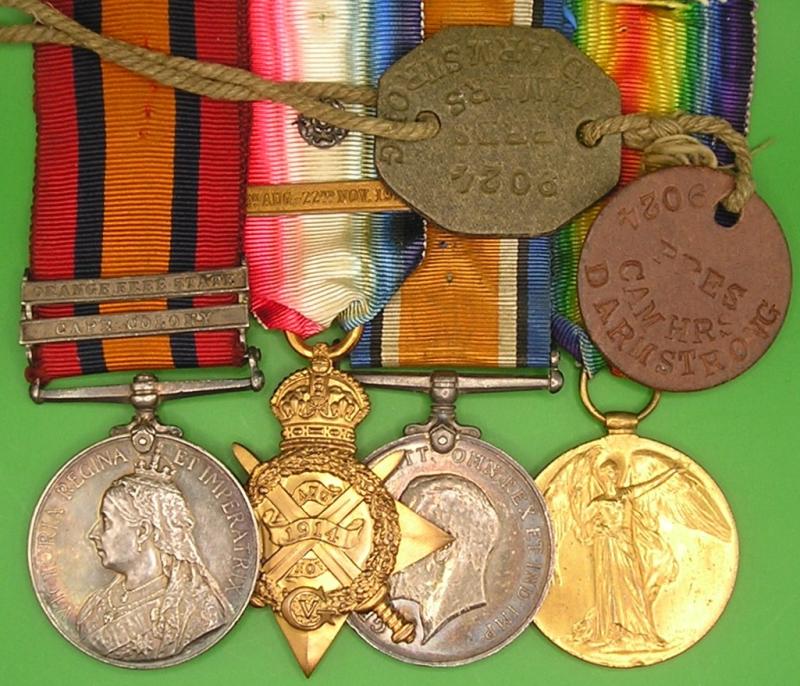QSA & 1914 MONS STAR TRIO WITH DOG TAGS, A&S.HIGHRS / CAMERON HIGHLANDERS