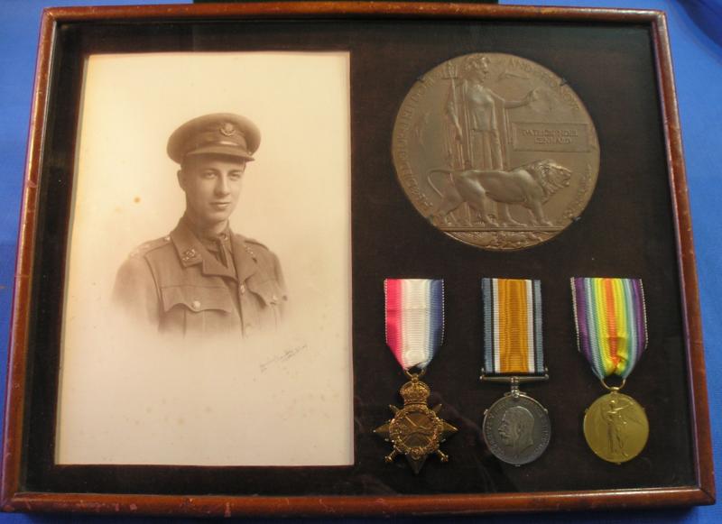 WW1 1914-15 TRIO & MEMORIAL PLAQUE IN A GLAZED FRAME, OFFICER 8th EAST YORKSHIRE REGIMENT, K.I.A F&F 14-7-1916