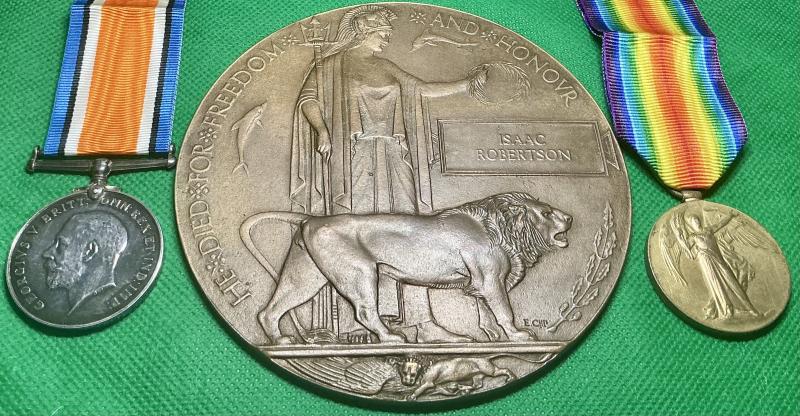 WW1 PAIR & MEMORIAL PLAQUE, 1st ROYAL SCOTS FUSILIERS, K.I.A F&F 10-6-1917, FROM GLASGOW