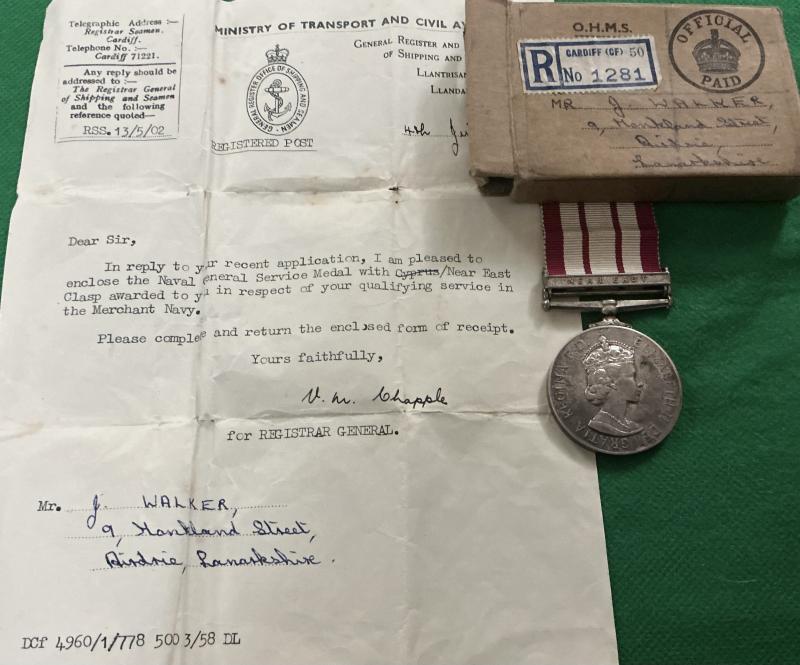 MINT BOXED NGS NEAR EAST, MERCHANT NAVY, WITH LETTER OF AWARD
