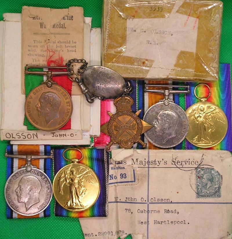 WW1 FAMILY GROUP TO THREE MEMBERS OF THE SWEDISH OLSSON FAMILY WHO SETTLED IN WEST HARTLEPOOL, MERCANTILE MARINE, K.O.S.B KIA LOOS 25-9-1915 & RE