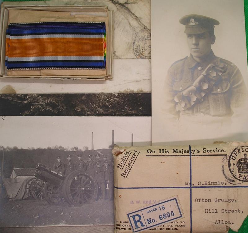 MINT BOXED WW1 PAIR WITH POSTAL ENVELOPE & ORIGINAL PHOTOS, 33rd SIEGE BTY R.G.A, FROM ALLOA