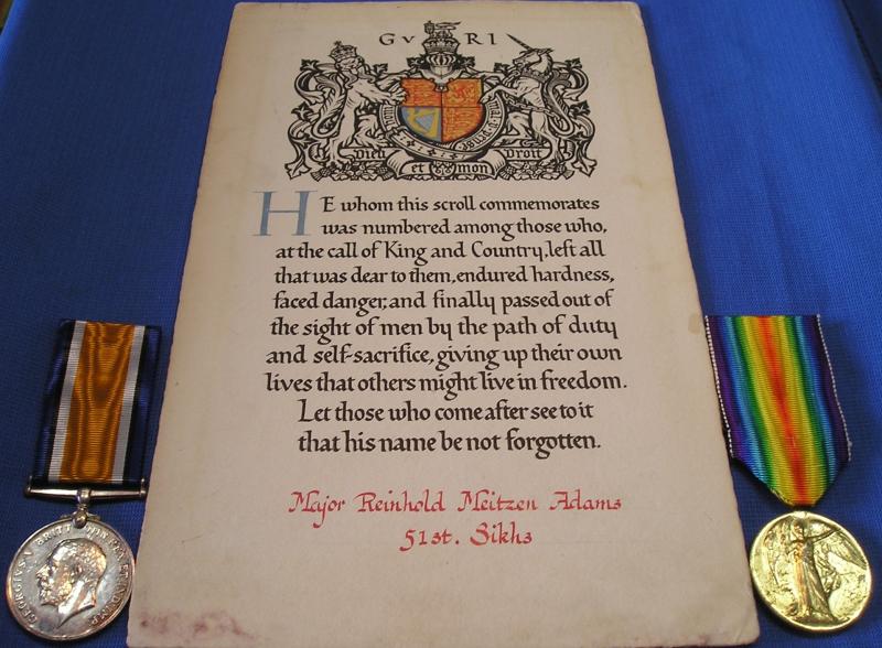 WW1 PAIR & MEMORIAL SCROLL, OFFICER 51st SIKHS, D.O.W MESOPOTAMIA 22-4-1917