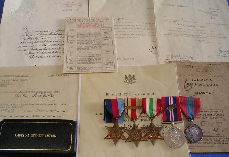 WW2 GROUP WITH ISM, M.I.D CERTIFICATE, ORIGINAL DOCUMENTS & PAPERS, R.A.O.C, M.I.D MEDITERRANEAN 23-5-1946