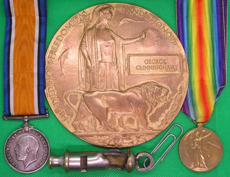 WW1 PAIR & MEMORIAL PLAQUE, 1st ROYAL SCOTS FUSILIERS FROM GLASGOW, K.I.A  F&F 16-6-1918, WITH A BULLET DAMAGED TRENCH WHISTLE