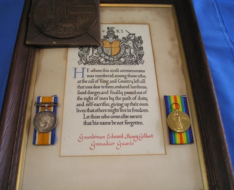 WW1 PAIR, PLAQUE & FRAMED MEMORIAL SCROLL, 4th GRENADIER GUARDS, D.O.W F&F 31-10-1917, FROM WALLBOTTLE, NORTHUMBERLAND