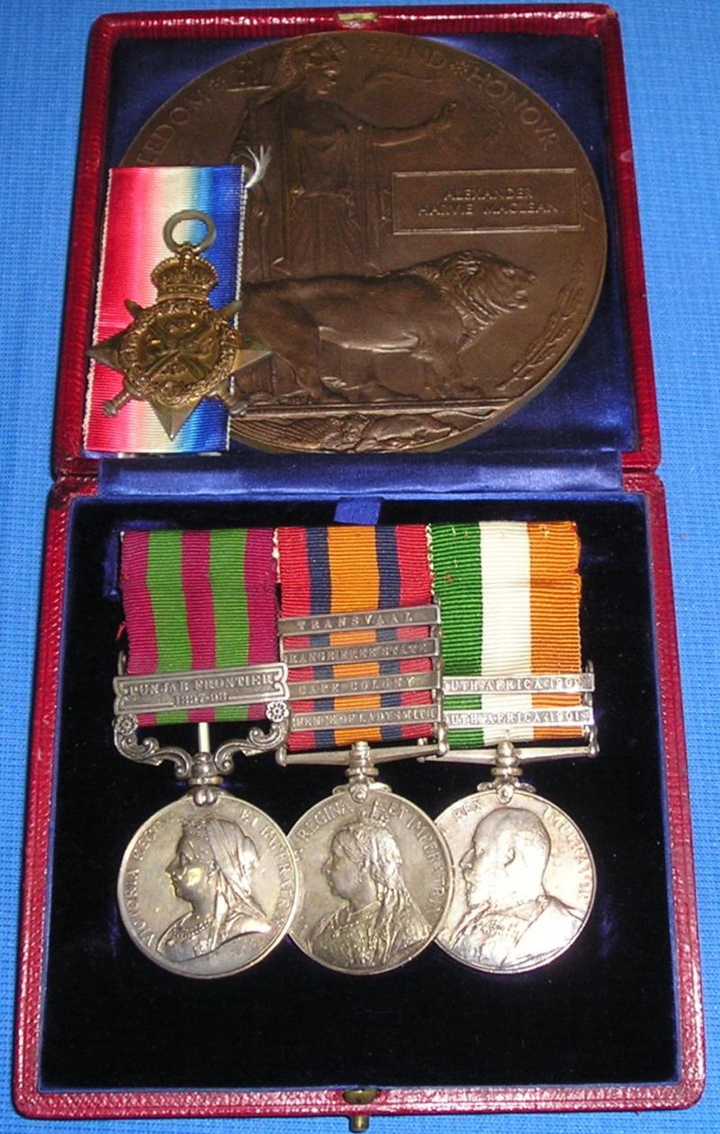 IGS 1895, QSA, KSA, 1914 STAR & MEMORIAL PLAQUE, ARGYLL & SUTHERLAND HIGHLANDERS OFFICER, K.I.A F&F 26-8-1914