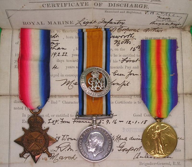 WW1 1914-15 TRIO WITH ORIGINALK SILVER WAR BADGE & DISCHARGE CERTIFICATE, R.M.L.I FROM MANSFIELD