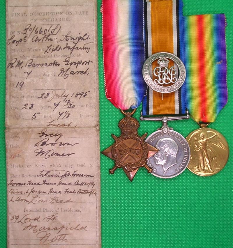 WW1 1914-15 TRIO WITH ORIGINALK SILVER WAR BADGE & DISCHARGE CERTIFICATE, R.M.L.I FROM MANSFIELD