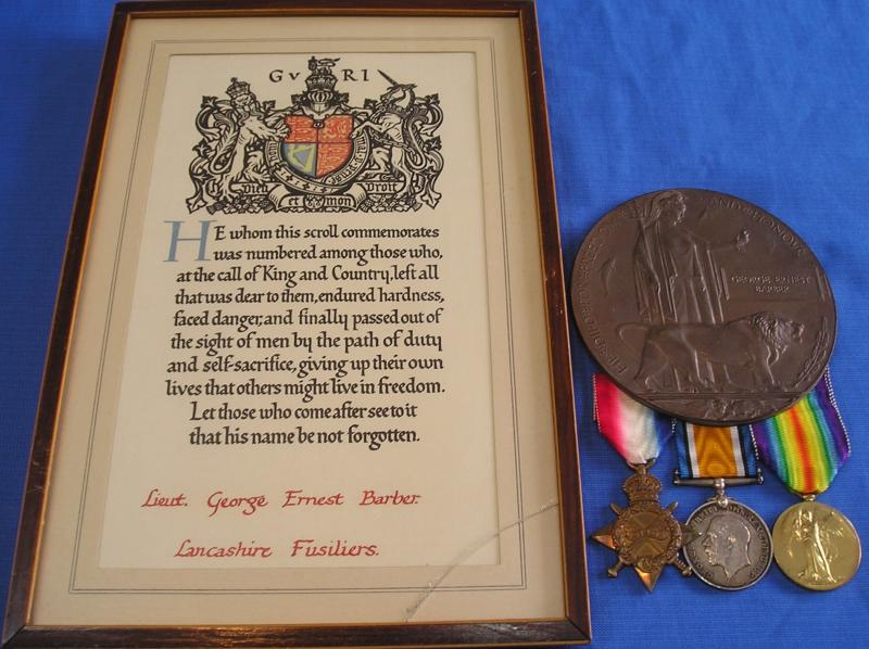 WW1 1914-15 TRIO, MEMORIAL PLAQUE & SCROLL, OFFICER, 10th LANCASHIRE FUSILIERS, K.I.A F&F 7-7-1916, FROM BATH