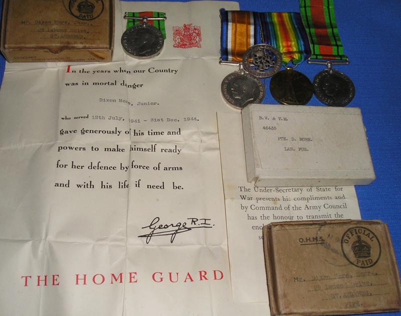 WW1 & WW2 FAMILY GROUP, LANCASHIRE FUSILIERS & FIFE HOME GUARD, WITH ORIGINAL BOXES & DOCUMENTS