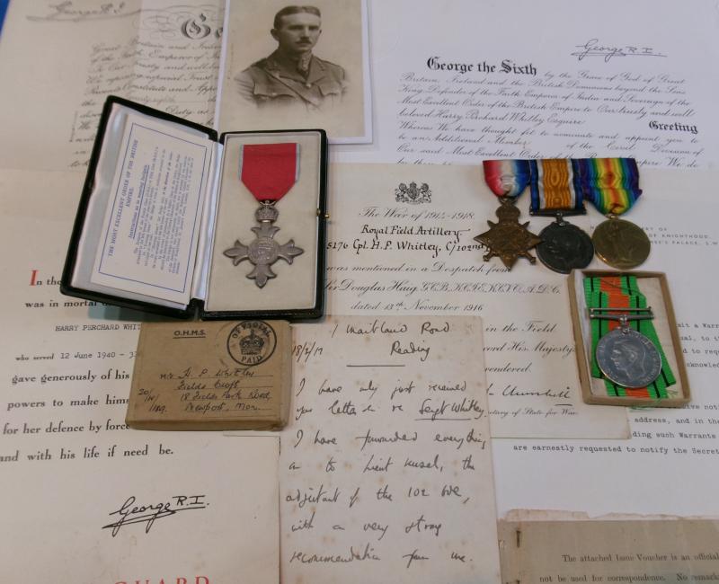 WW1 R.F.A OFFICERS MID GROUP WITH WW2 CIVIL M.B.E, MOUNTSTUART DRYDOCKS.GLAMORGAN, WITH ORIGINAL DOCUMENTS & MID CERTIFICATE